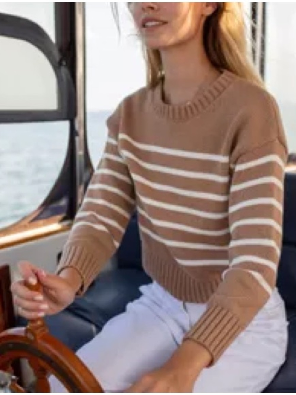 Marea Camel Ivory Stripe Crewneck Sweater - Women